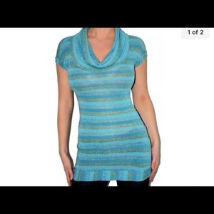Sexy Blue w Gold/Silver Lurex Stripes Poly Knit Cowlneck  Banded Tunic Top New